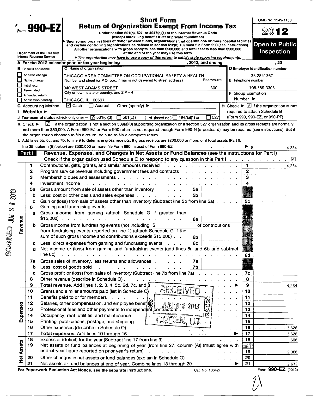 Image of first page of 2012 Form 990EZ for Chicago Area Committee Occupational Safety and Health