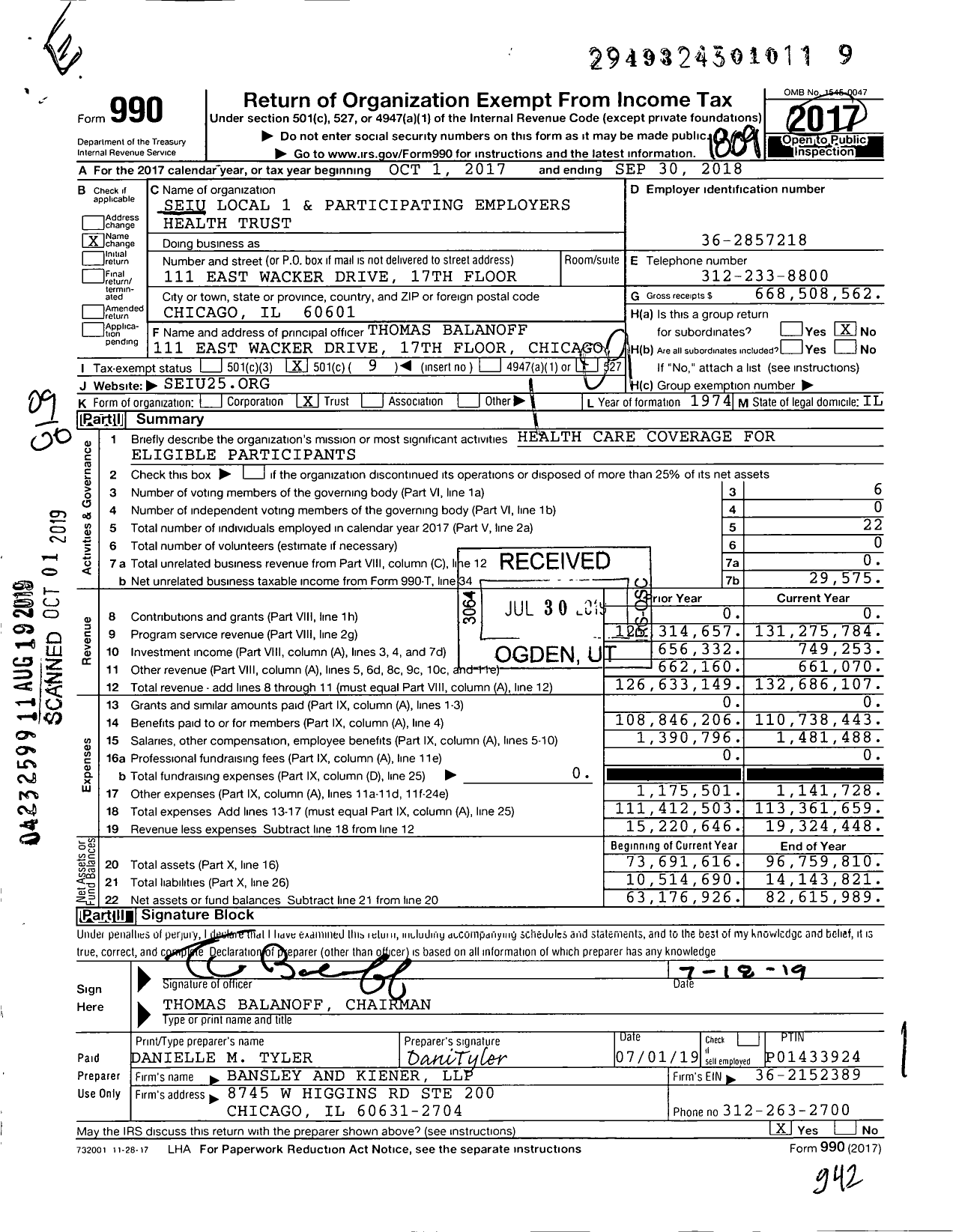 Image of first page of 2017 Form 990O for Seiu Local 1 and Participating Employers Health Trust