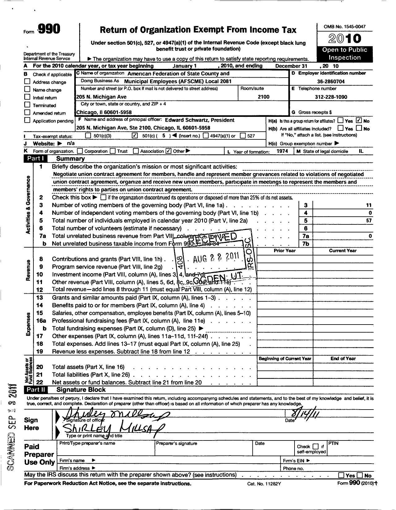 Image of first page of 2010 Form 990O for American Federation of State County and Municipal Employees / AFSCME Local 2081