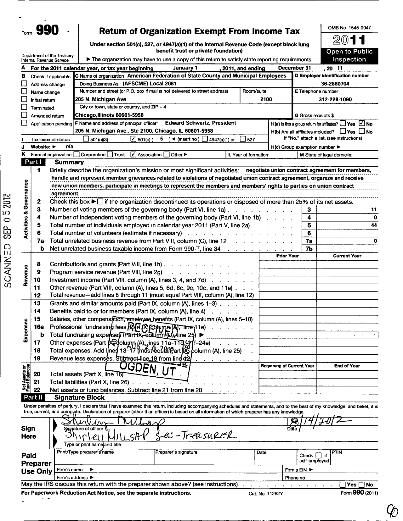 Image of first page of 2011 Form 990O for American Federation of State County and Municipal Employees / AFSCME Local 2081