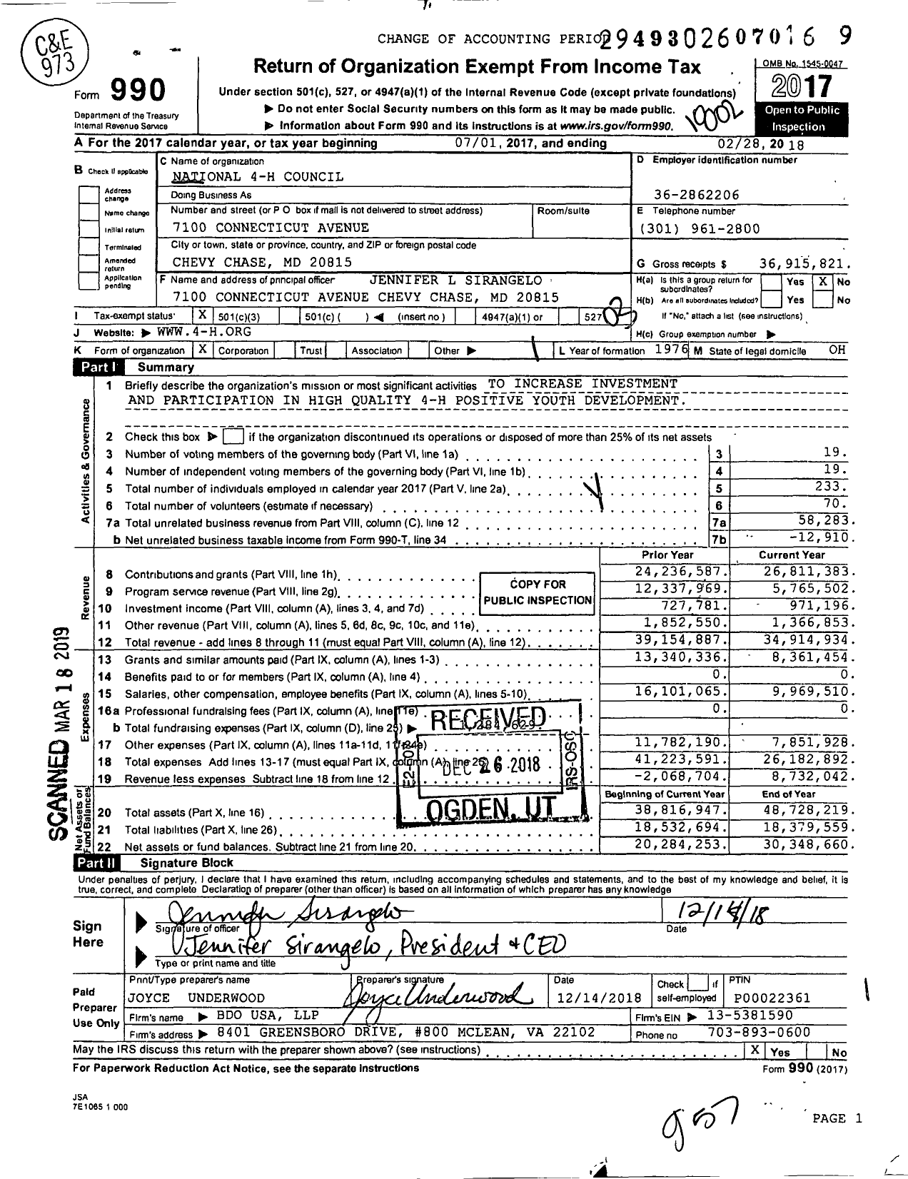 Image of first page of 2017 Form 990 for National 4-H Council