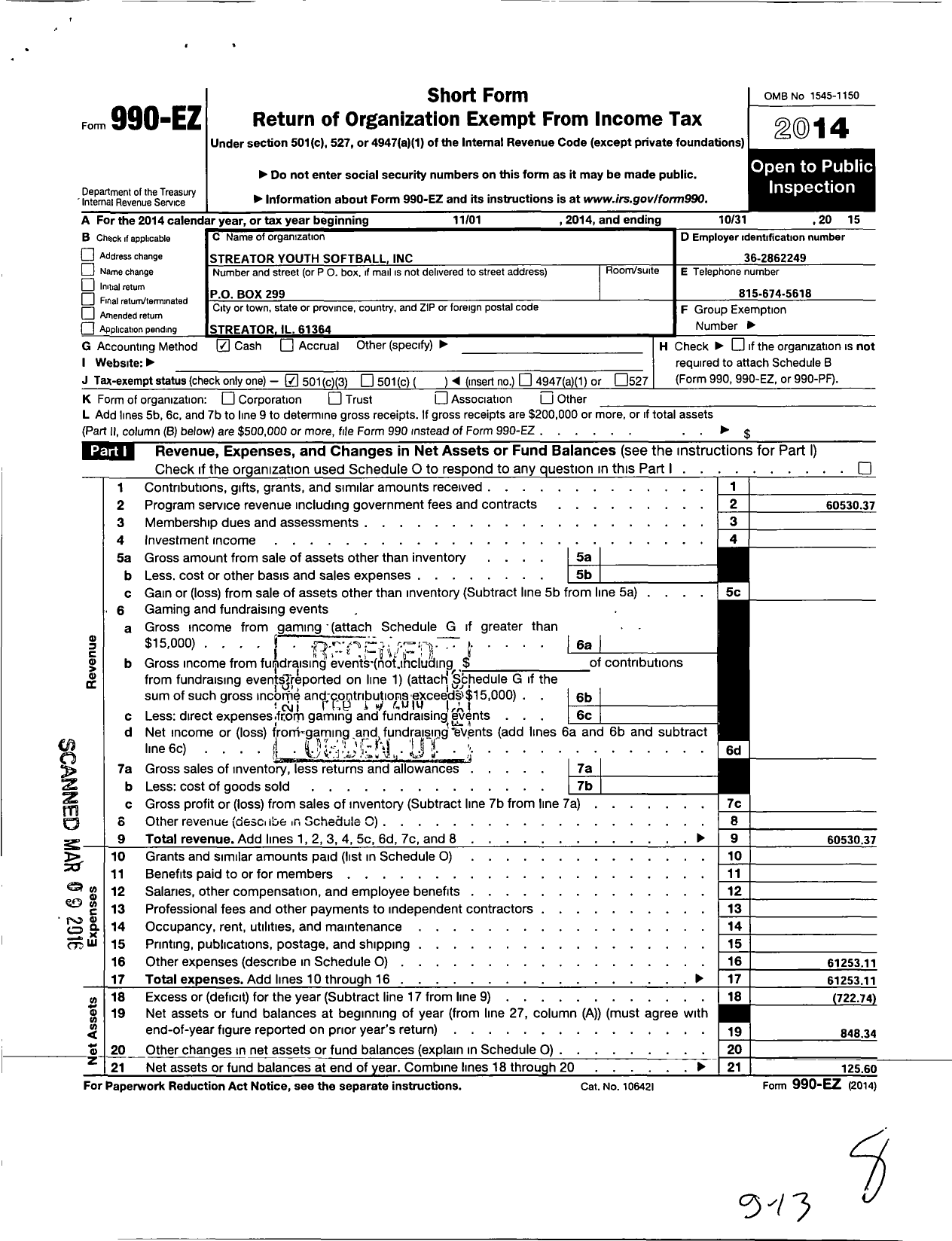 Image of first page of 2014 Form 990EZ for Streator Youth Softball