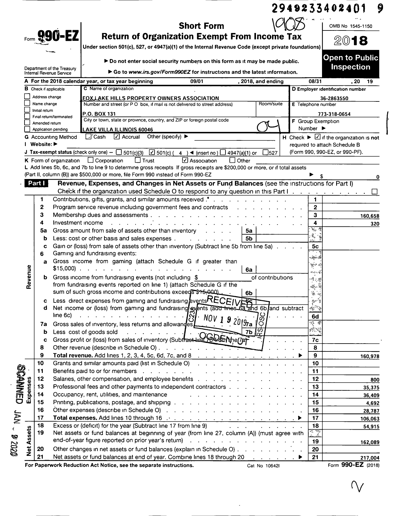 Image of first page of 2018 Form 990EO for Fox Lake Hills Property Owners Association