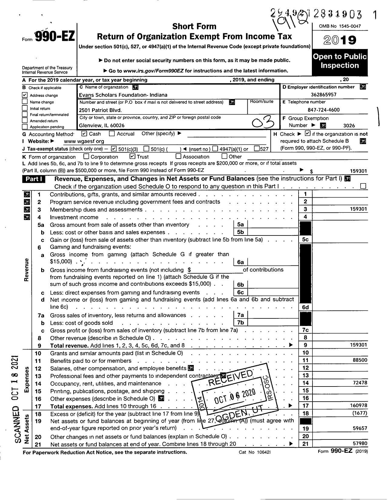 Image of first page of 2019 Form 990EZ for EVANS SCHOLARS FOUNDATION - Indiana