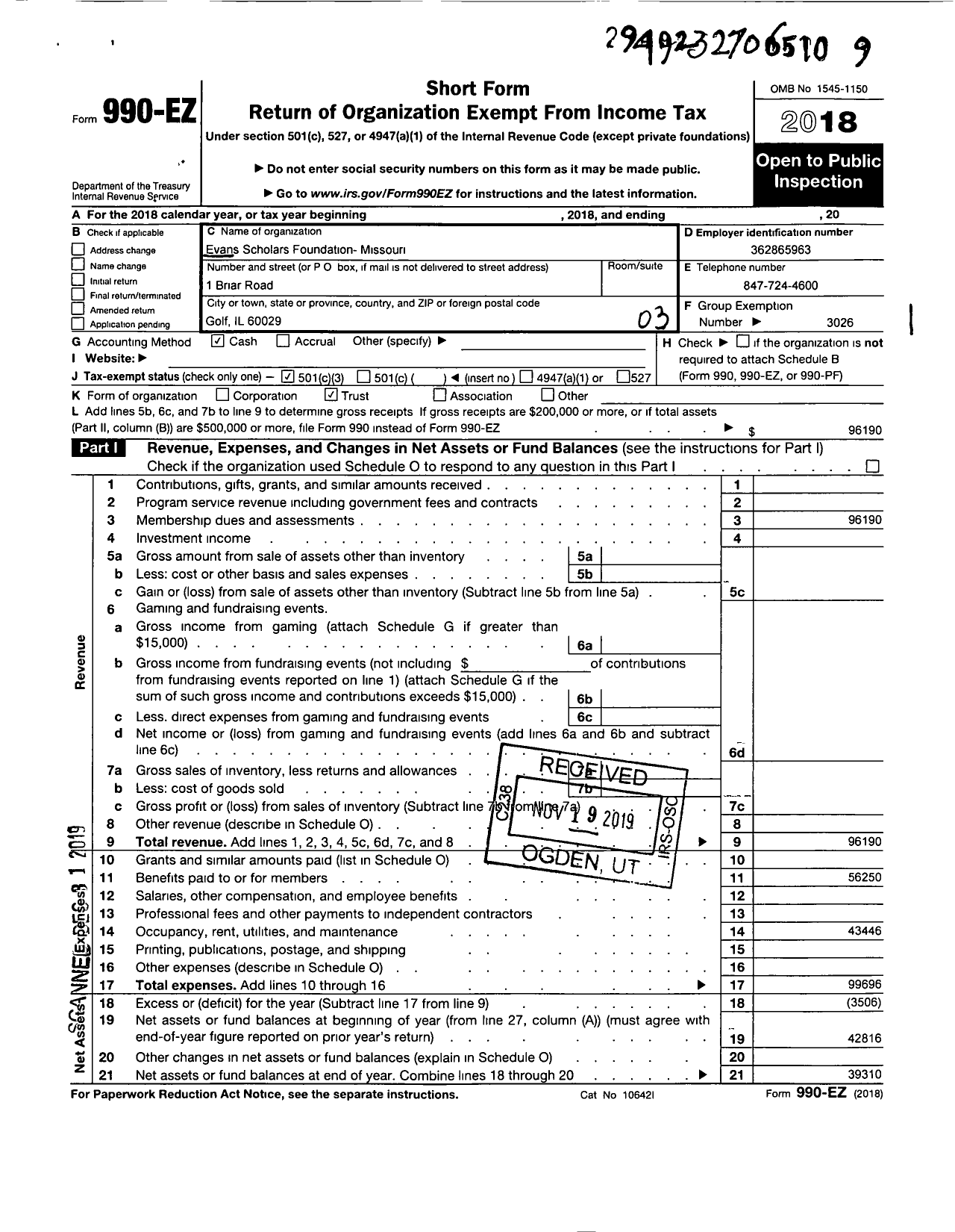 Image of first page of 2018 Form 990EZ for EVANS SCHOLARS FOUNDATION - Missouri