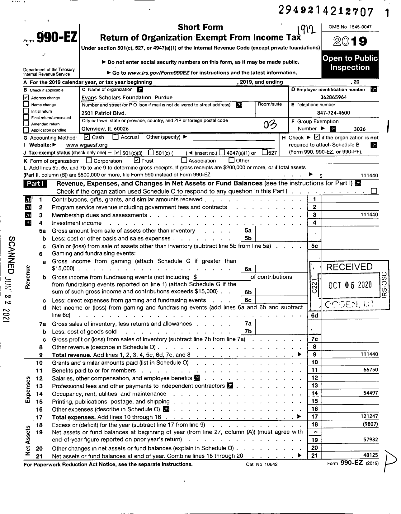 Image of first page of 2019 Form 990EZ for EVANS SCHOLARS FOUNDATION - Purdue