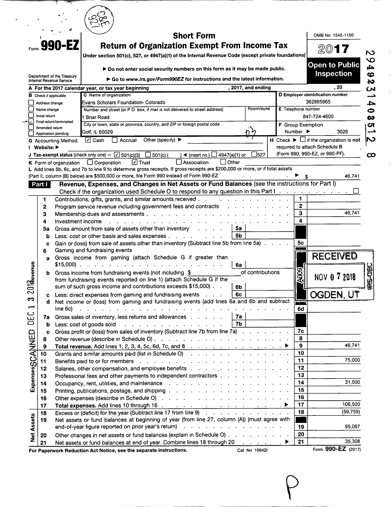 Image of first page of 2017 Form 990EZ for EVANS SCHOLARS FOUNDATION - Colorado