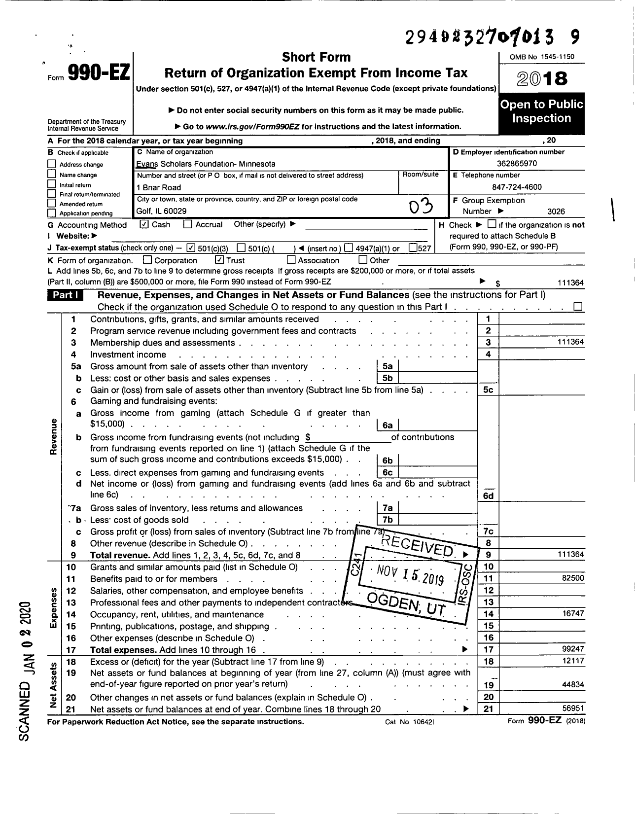 Image of first page of 2018 Form 990EZ for EVANS SCHOLARS FOUNDATION - Minnesota