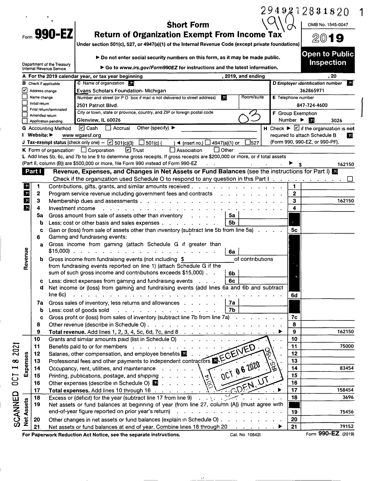 Image of first page of 2019 Form 990EZ for EVANS SCHOLARS FOUNDATION - Michigan