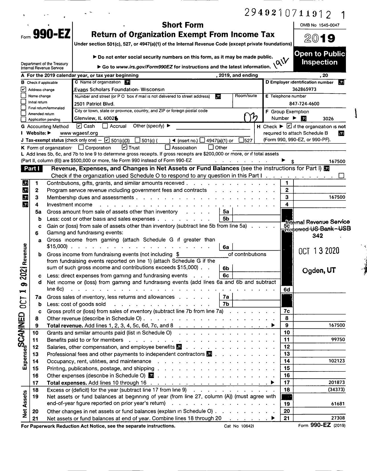 Image of first page of 2019 Form 990EZ for EVANS SCHOLARS FOUNDATION - Wisconsin