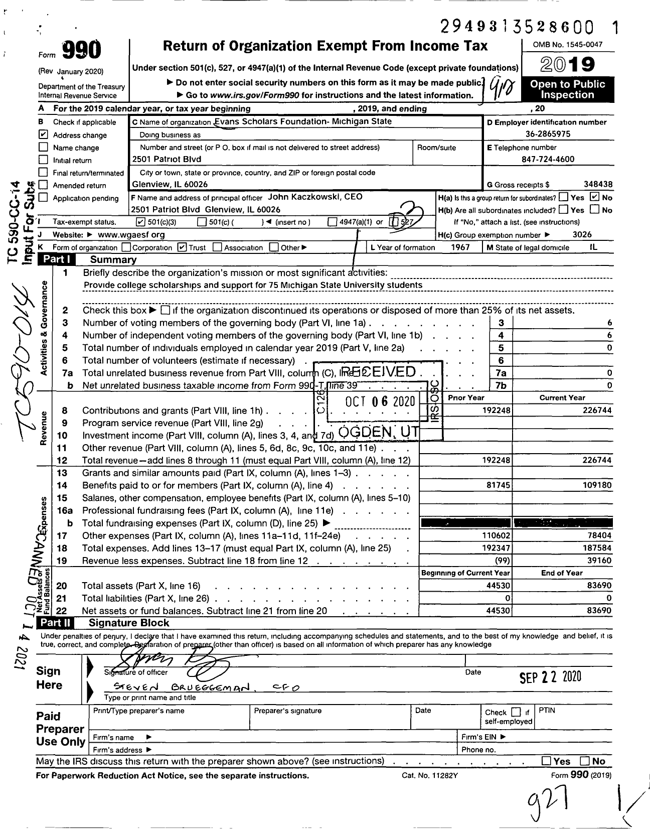 Image of first page of 2019 Form 990 for EVANS SCHOLARS FOUNDATION - Michigan State