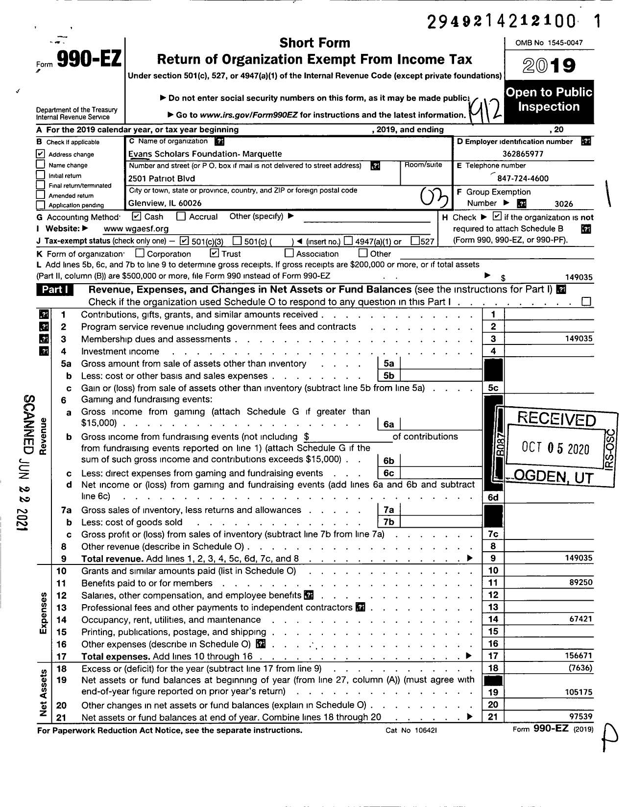 Image of first page of 2019 Form 990EZ for EVANS SCHOLARS FOUNDATION - Marquette