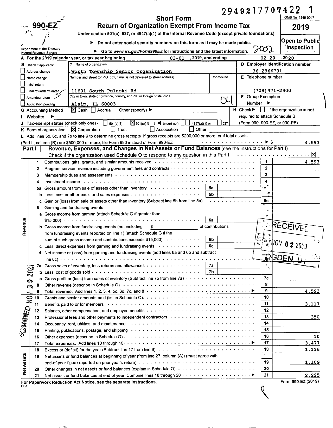 Image of first page of 2019 Form 990EO for Worth Township Senior Organization