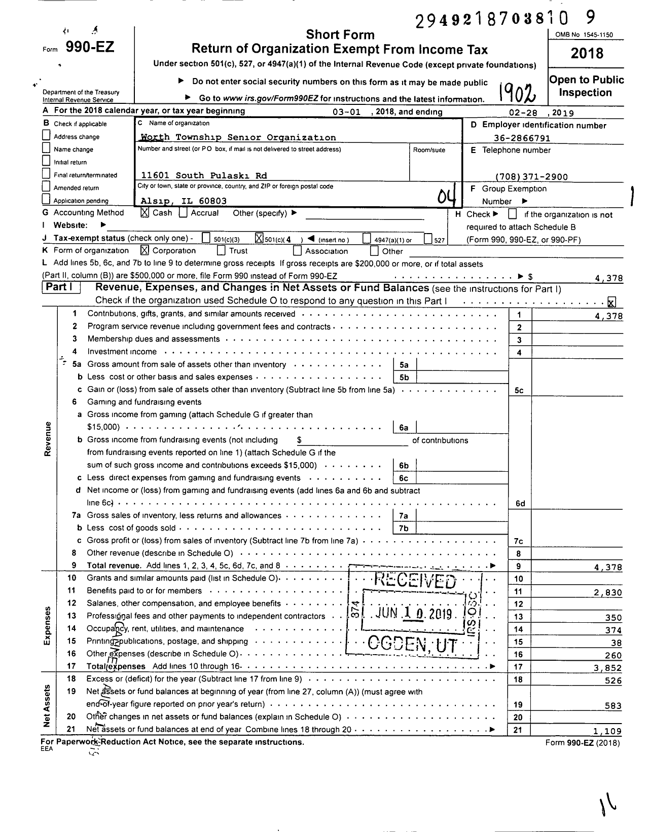 Image of first page of 2018 Form 990EO for Worth Township Senior Organization