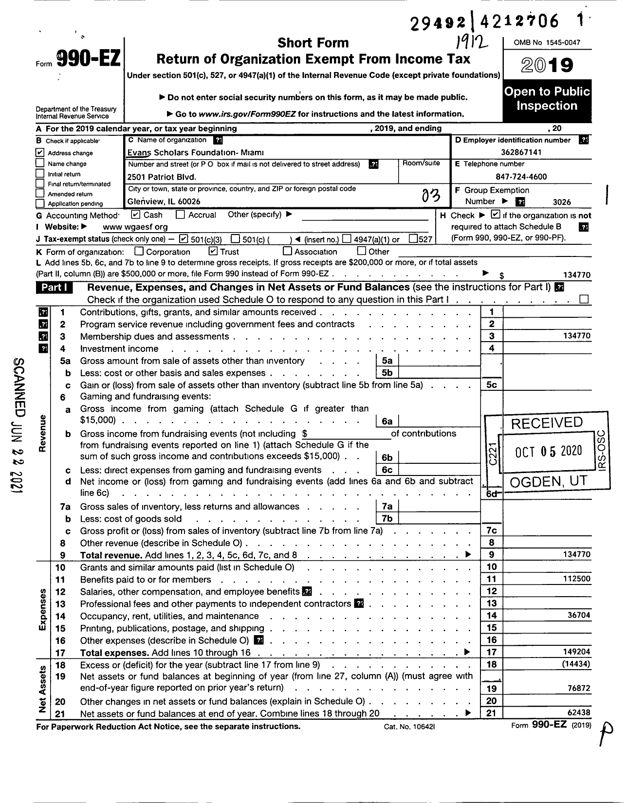 Image of first page of 2019 Form 990EZ for EVANS SCHOLARS FOUNDATION - Miami