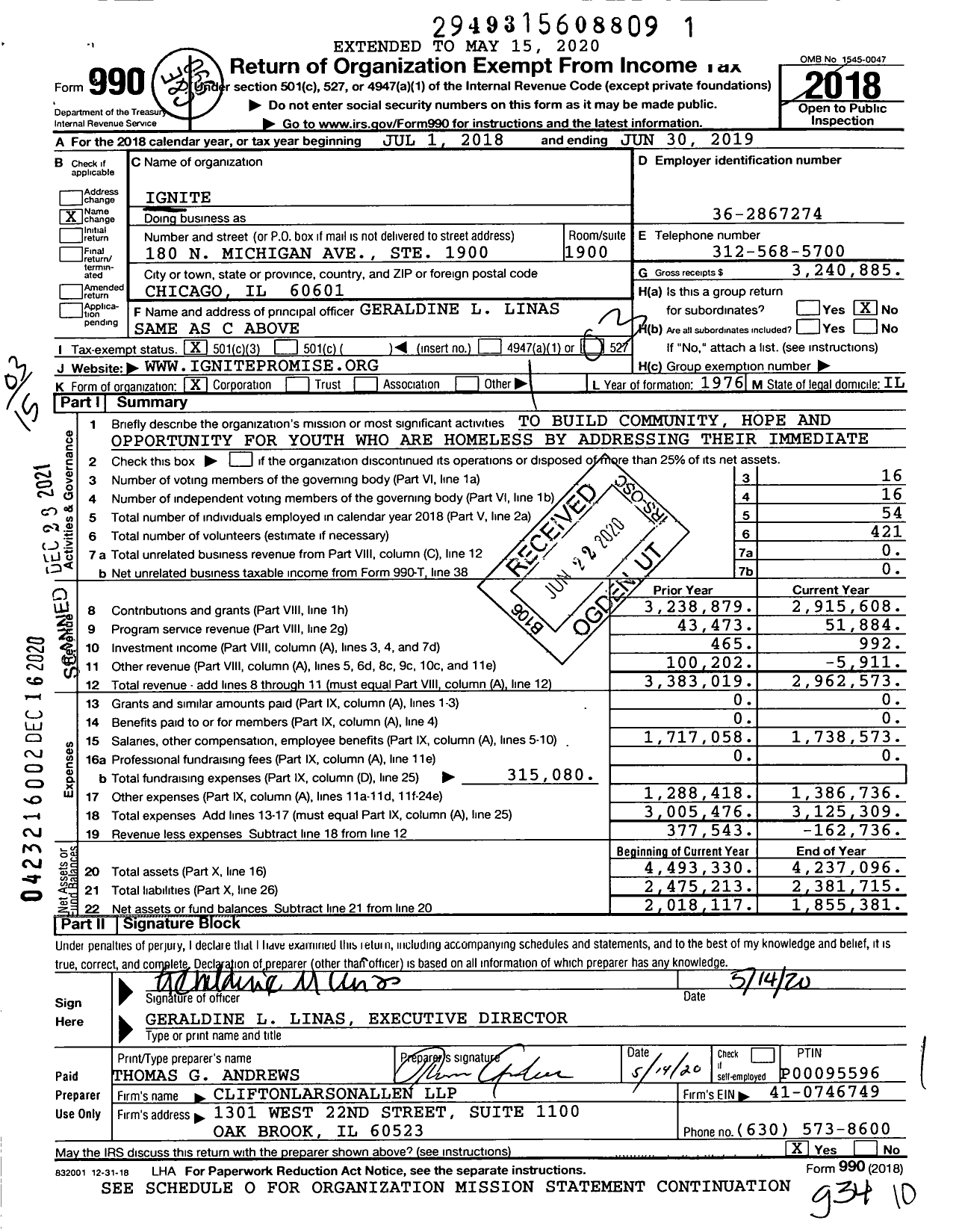 Image of first page of 2018 Form 990 for Ignite