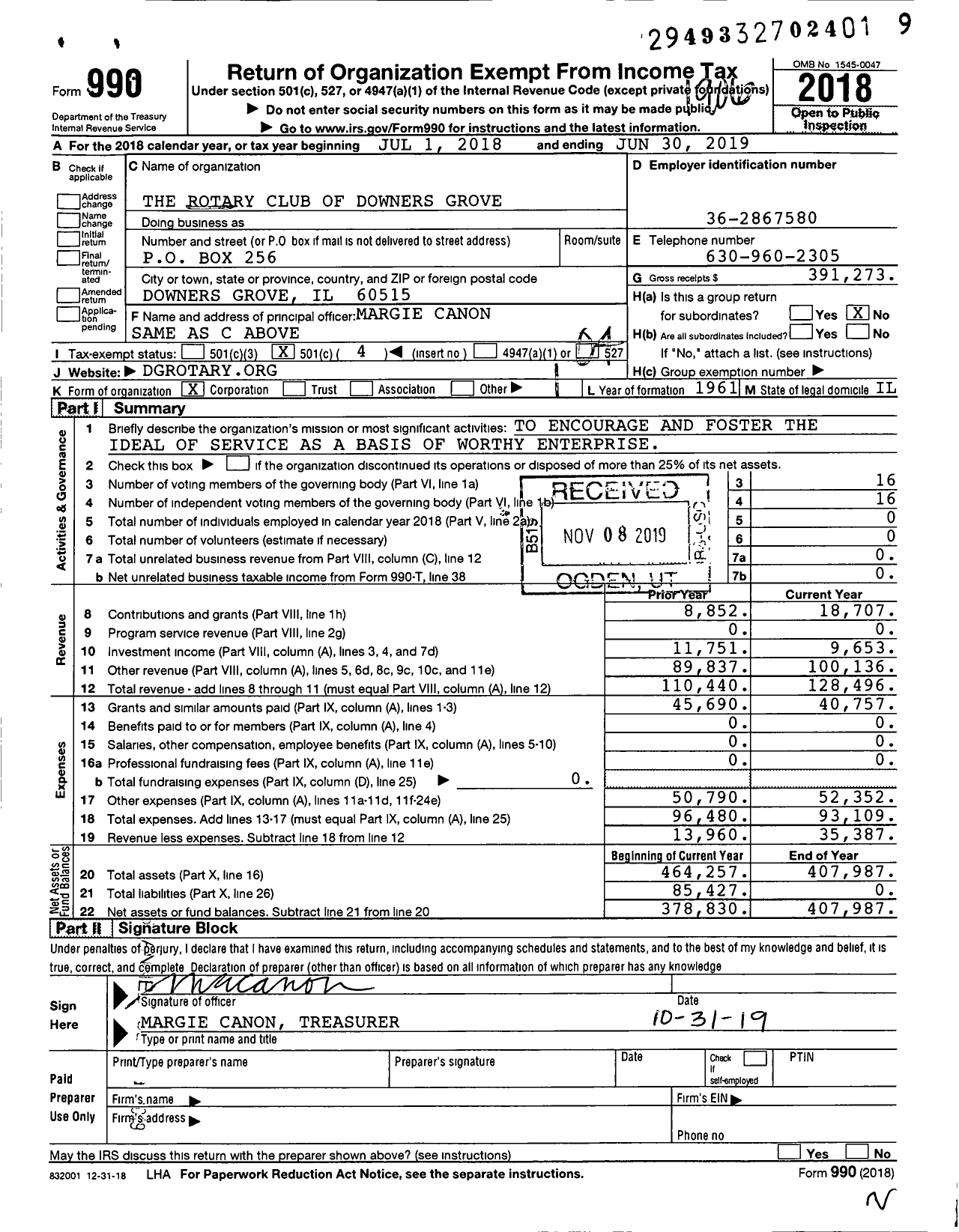 Image of first page of 2018 Form 990O for Rotary International - Downers Grove Rotary Club