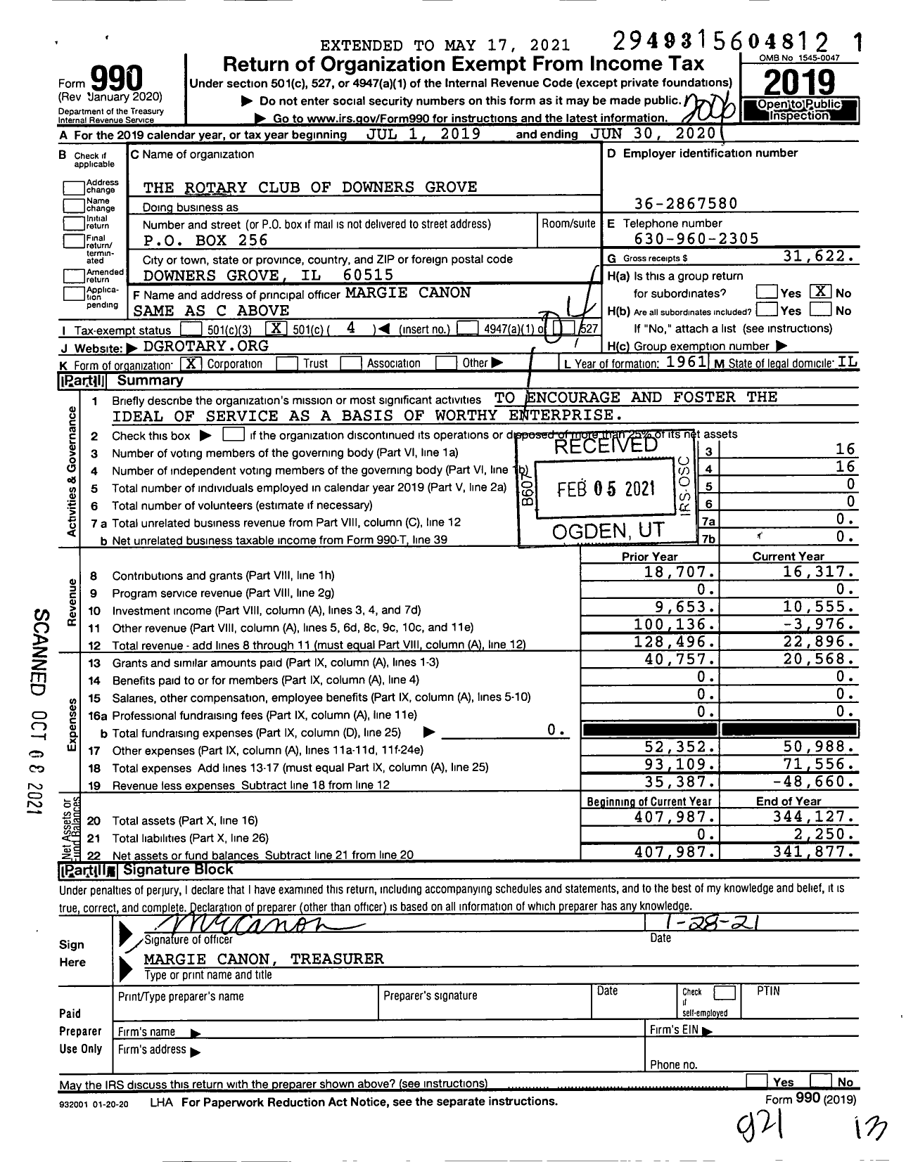 Image of first page of 2019 Form 990O for Rotary International - Downers Grove Rotary Club