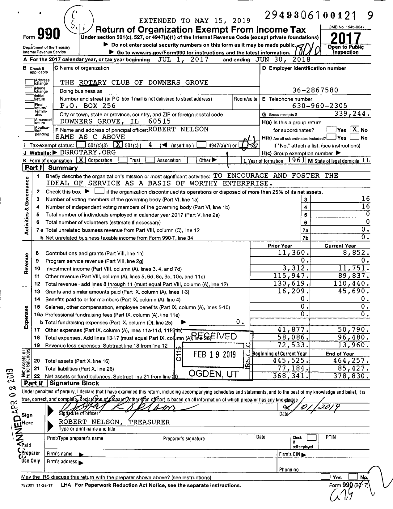 Image of first page of 2017 Form 990O for Rotary International - Downers Grove Rotary Club