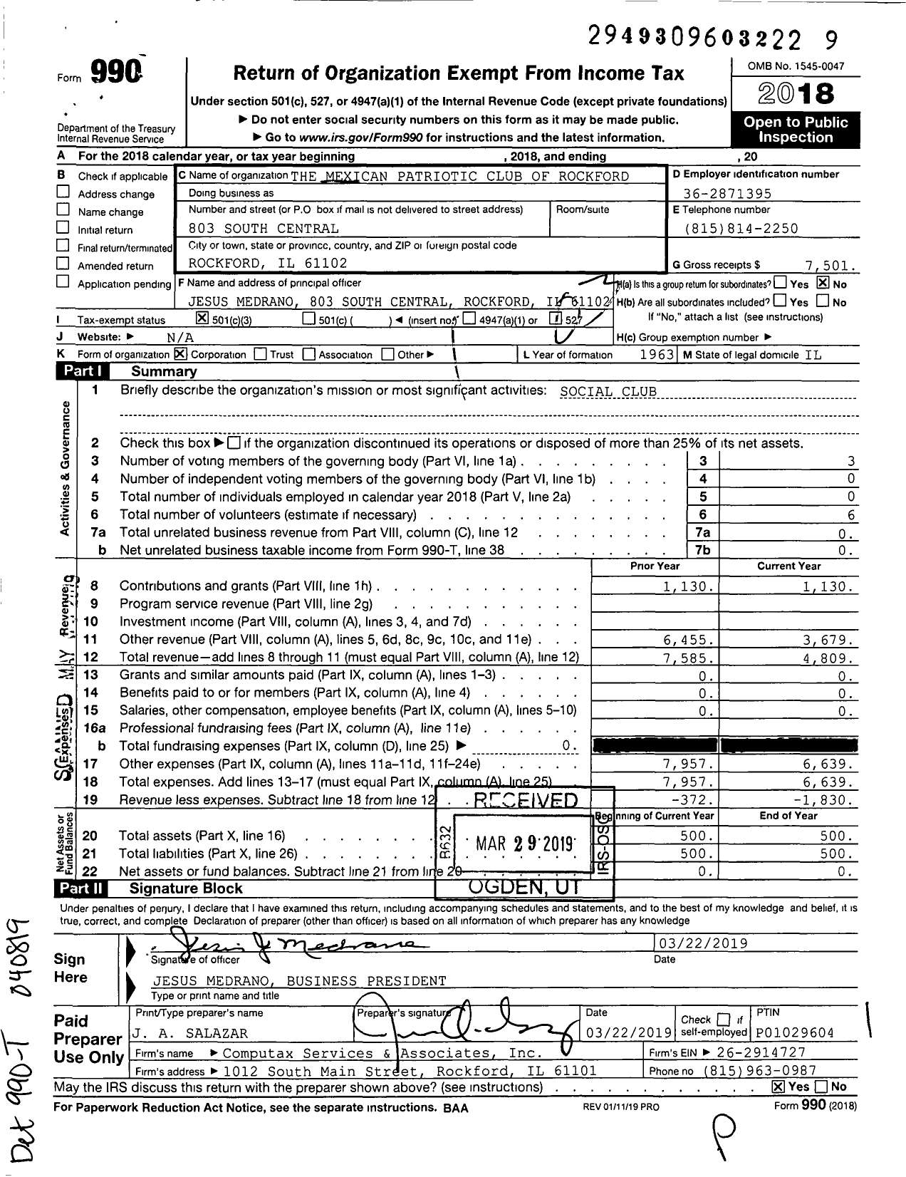 Image of first page of 2018 Form 990 for Mexican Patriotic Commitee of Rockford