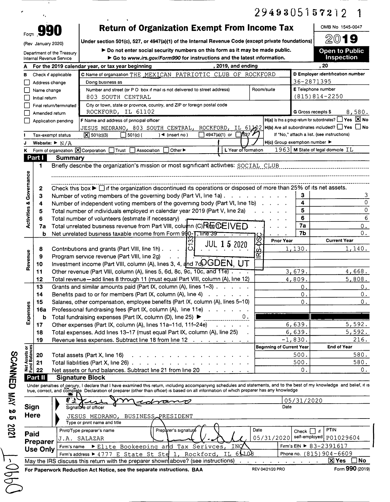 Image of first page of 2019 Form 990 for Mexican Patriotic Commitee of Rockford