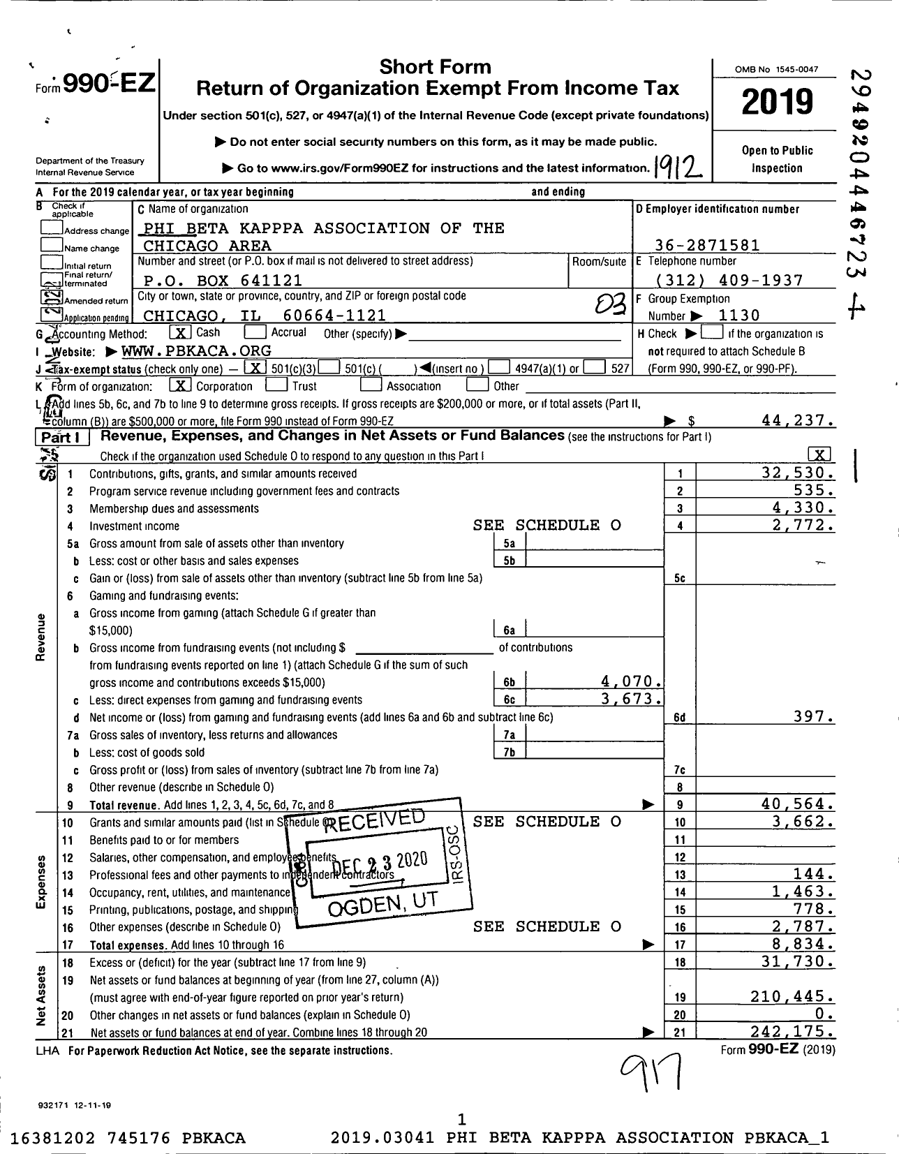 Image of first page of 2019 Form 990EZ for Phi Beta Kappa Society - Chicago Association