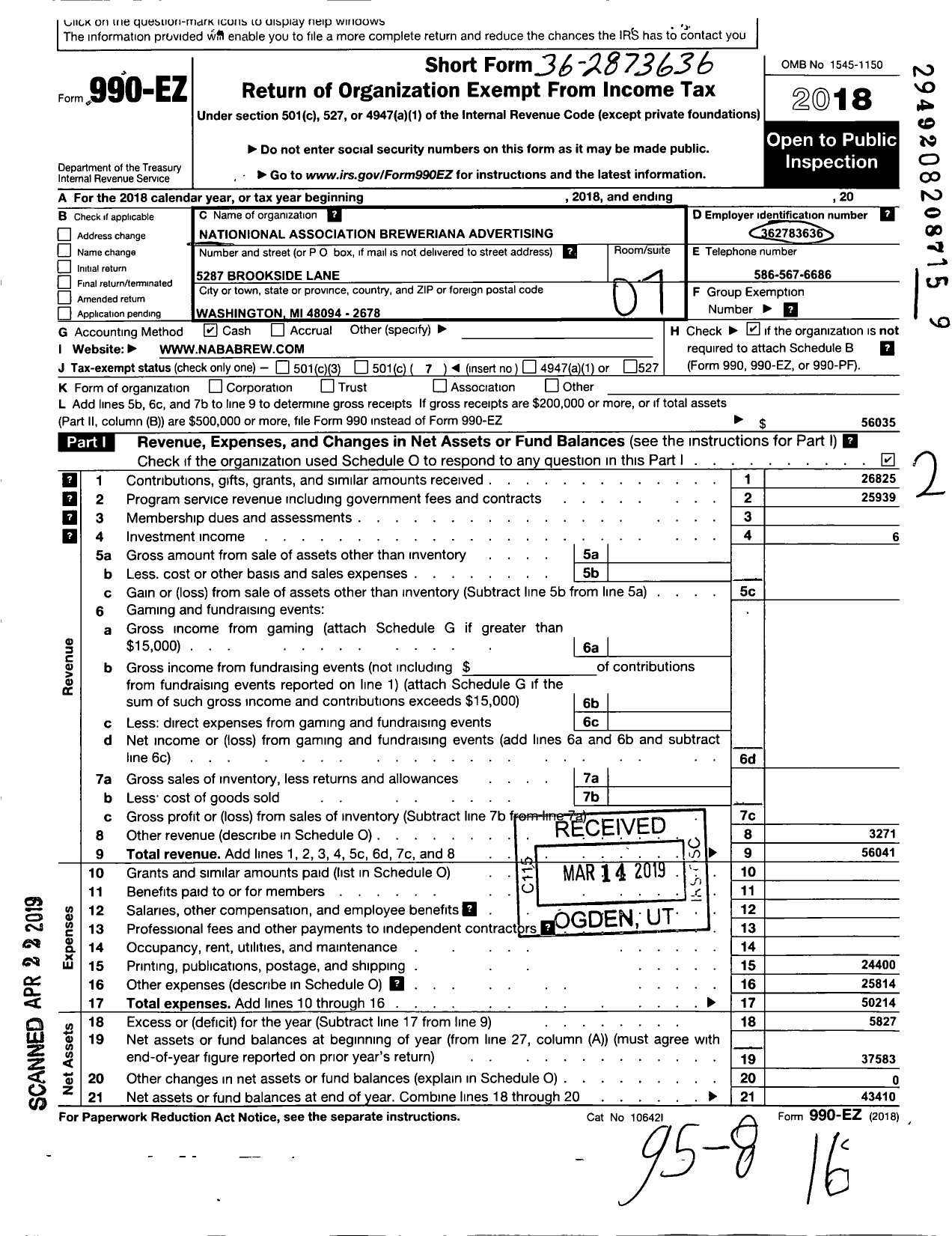 Image of first page of 2018 Form 990EO for National Association Breweriana Advertising