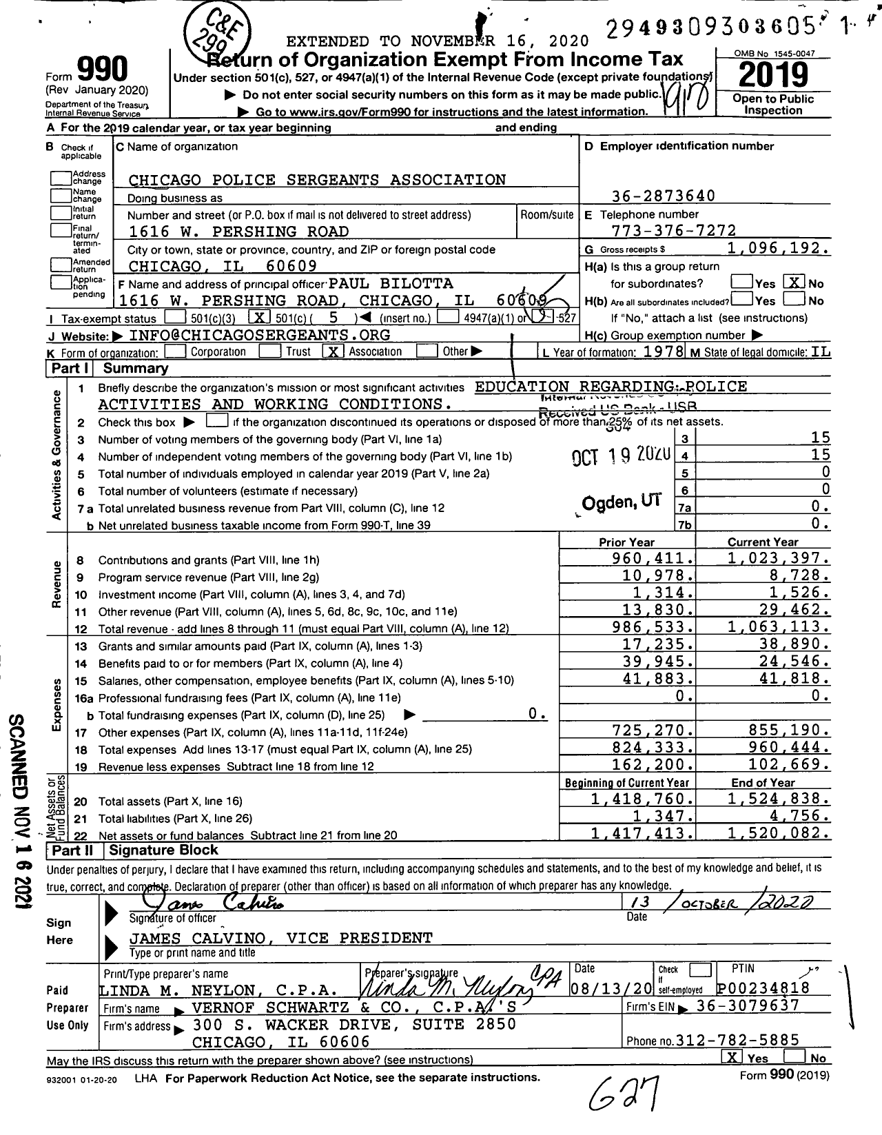 Image of first page of 2019 Form 990O for Chicago Police Sergeants Association