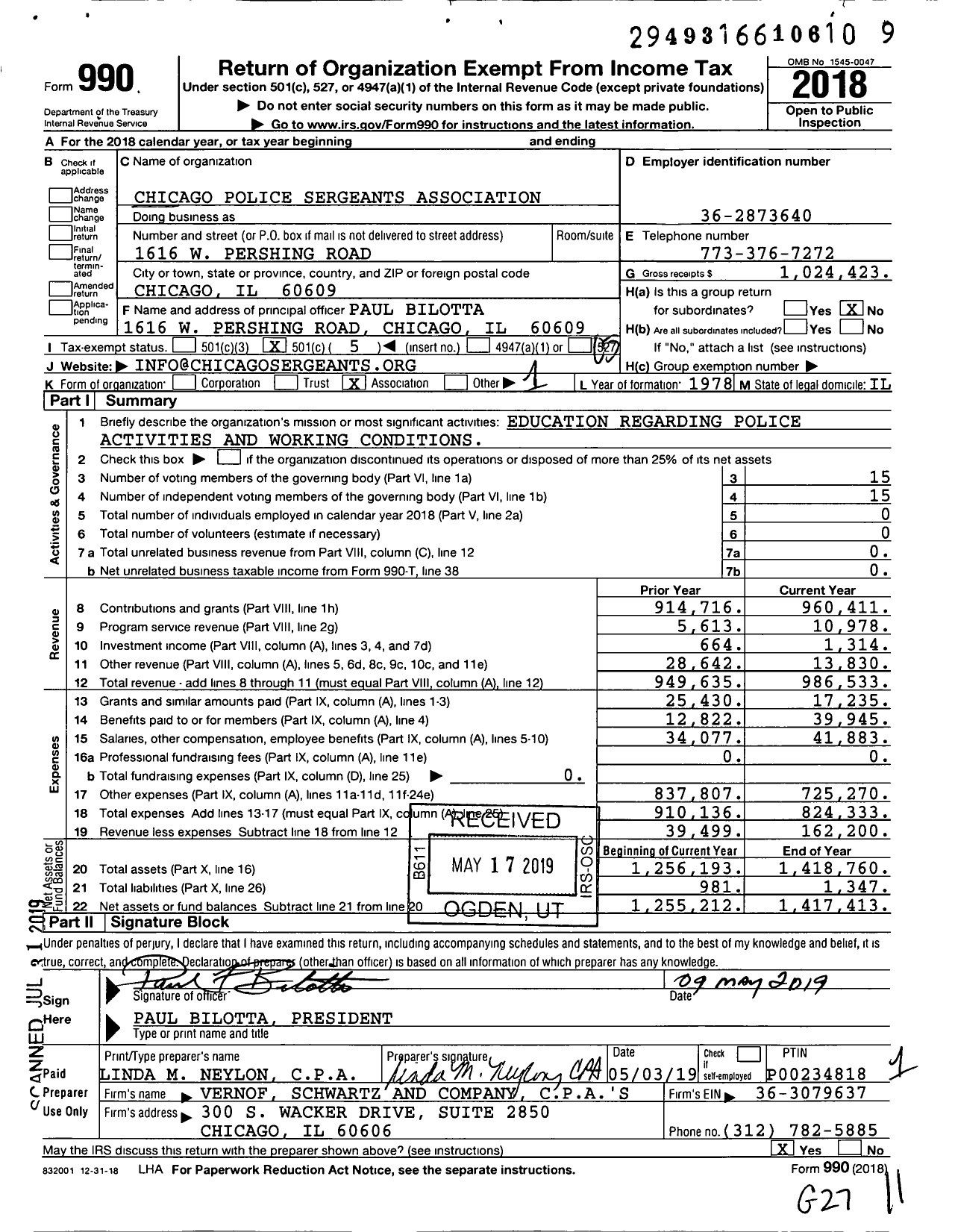 Image of first page of 2018 Form 990O for Chicago Police Sergeants Association