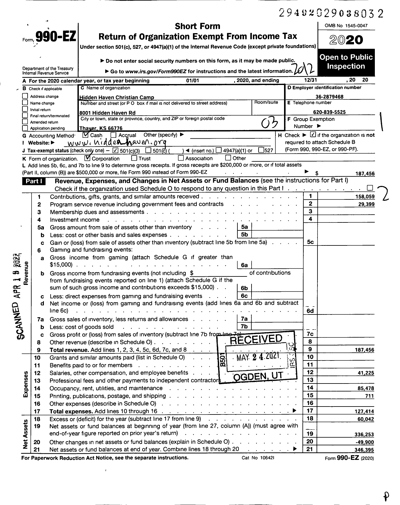 Image of first page of 2020 Form 990EZ for Hidden Haven Christian Camp