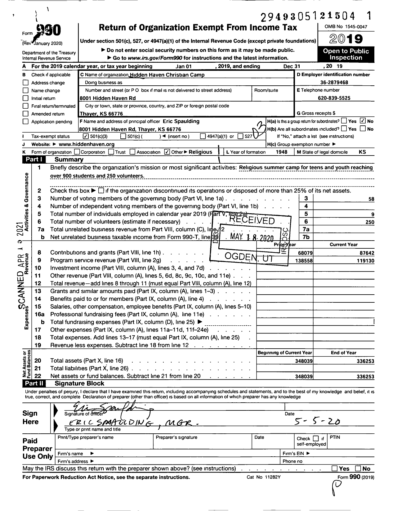 Image of first page of 2019 Form 990 for Hidden Haven Christian Camp