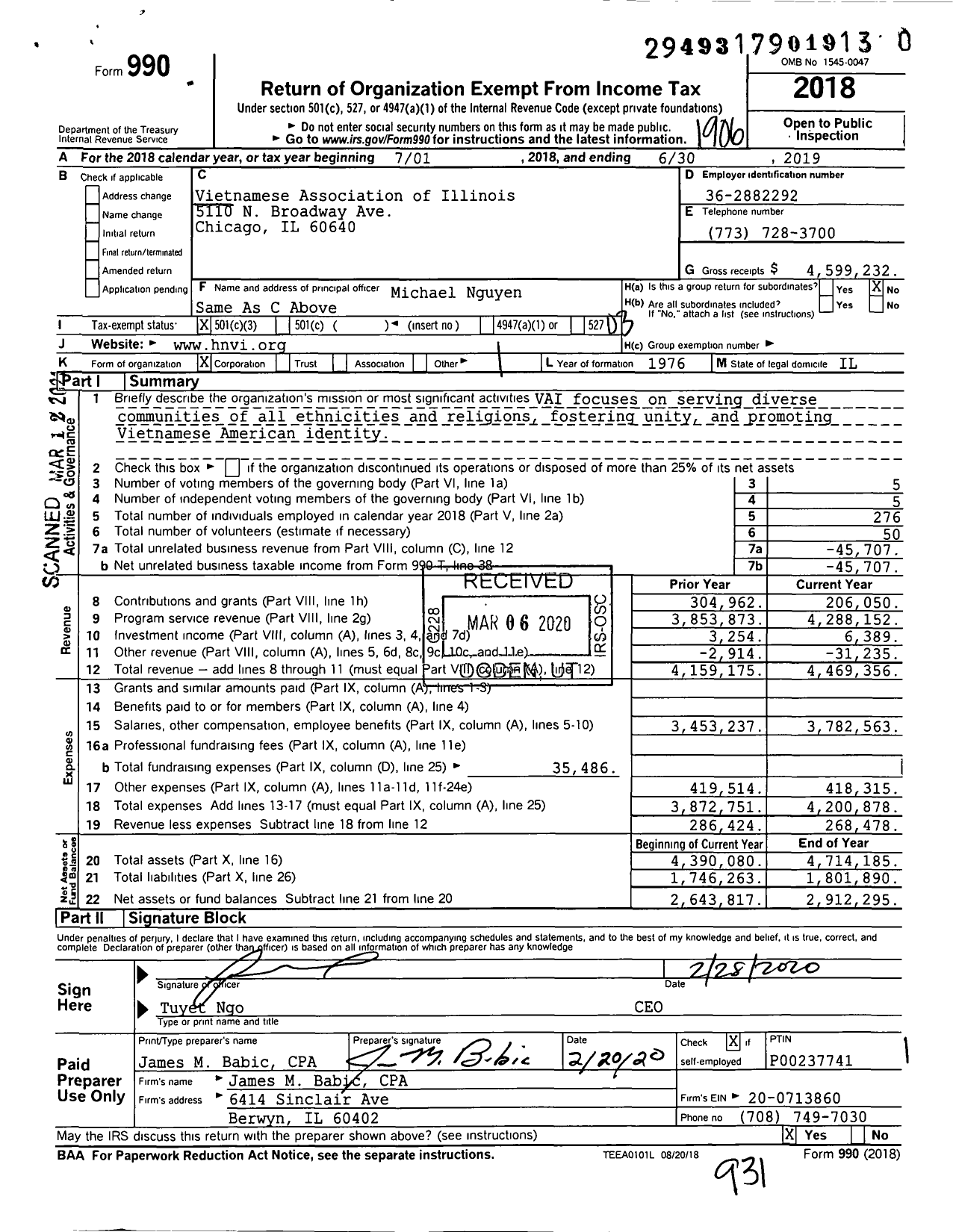 Image of first page of 2018 Form 990 for Vietnamese Association of Illinois (VAI)