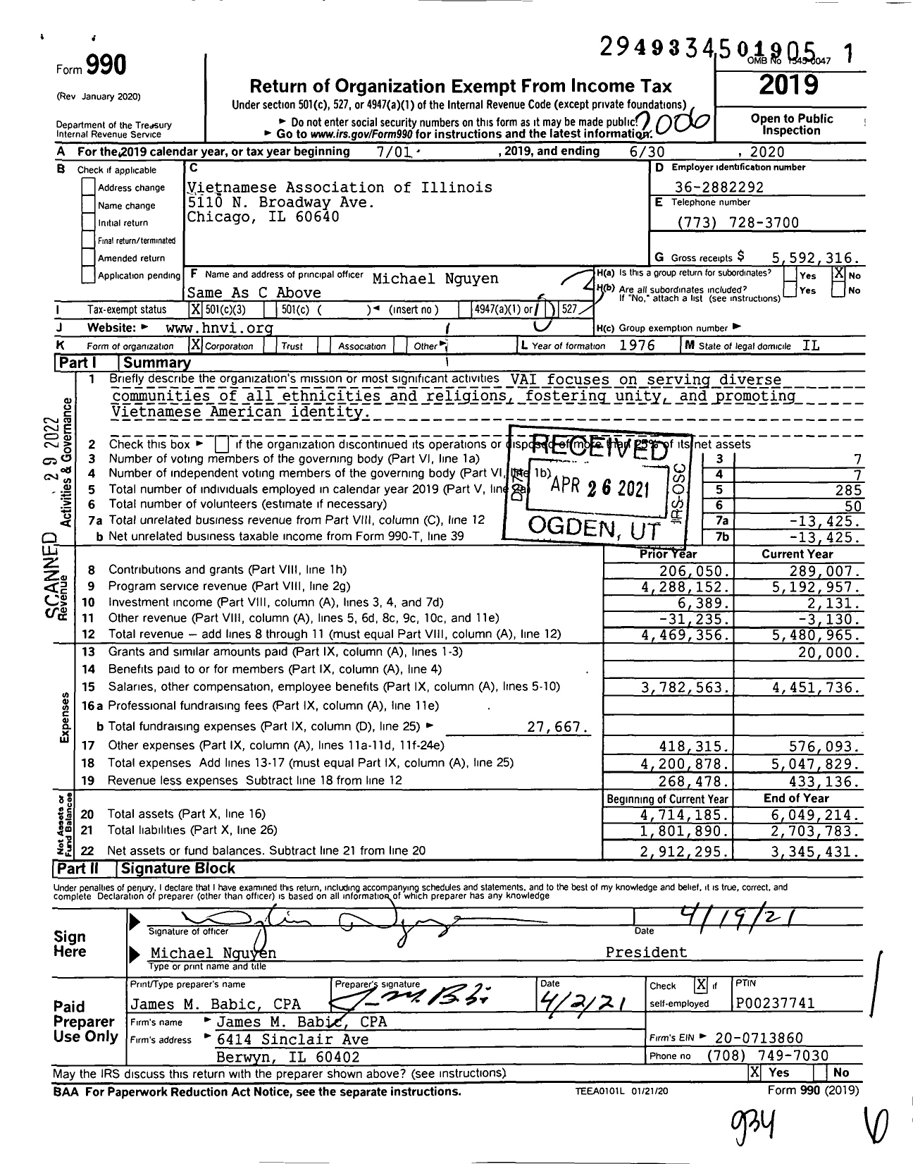 Image of first page of 2019 Form 990 for Vietnamese Association of Illinois (VAI)