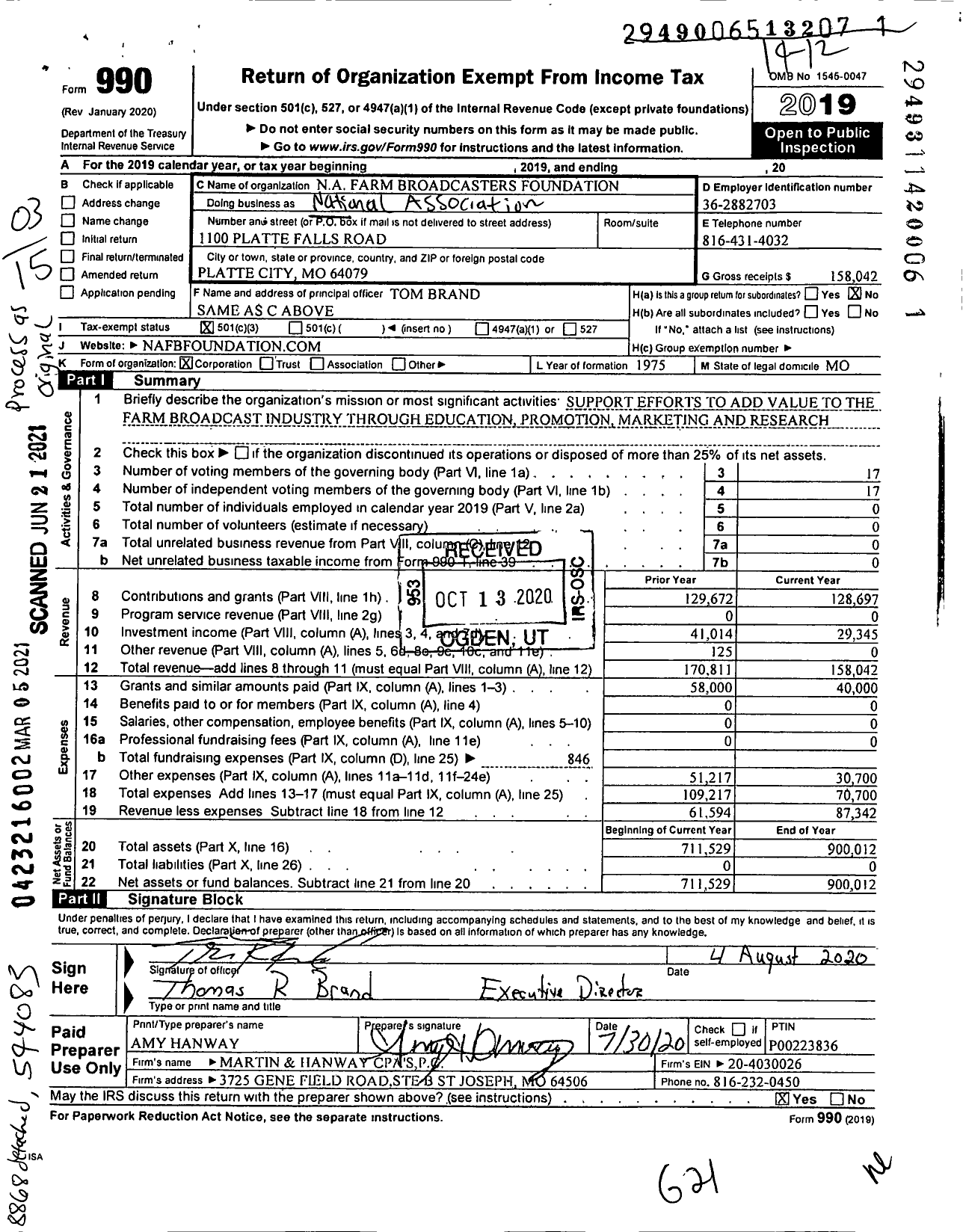 Image of first page of 2019 Form 990 for National Association of Farm Broadcasters Foundation