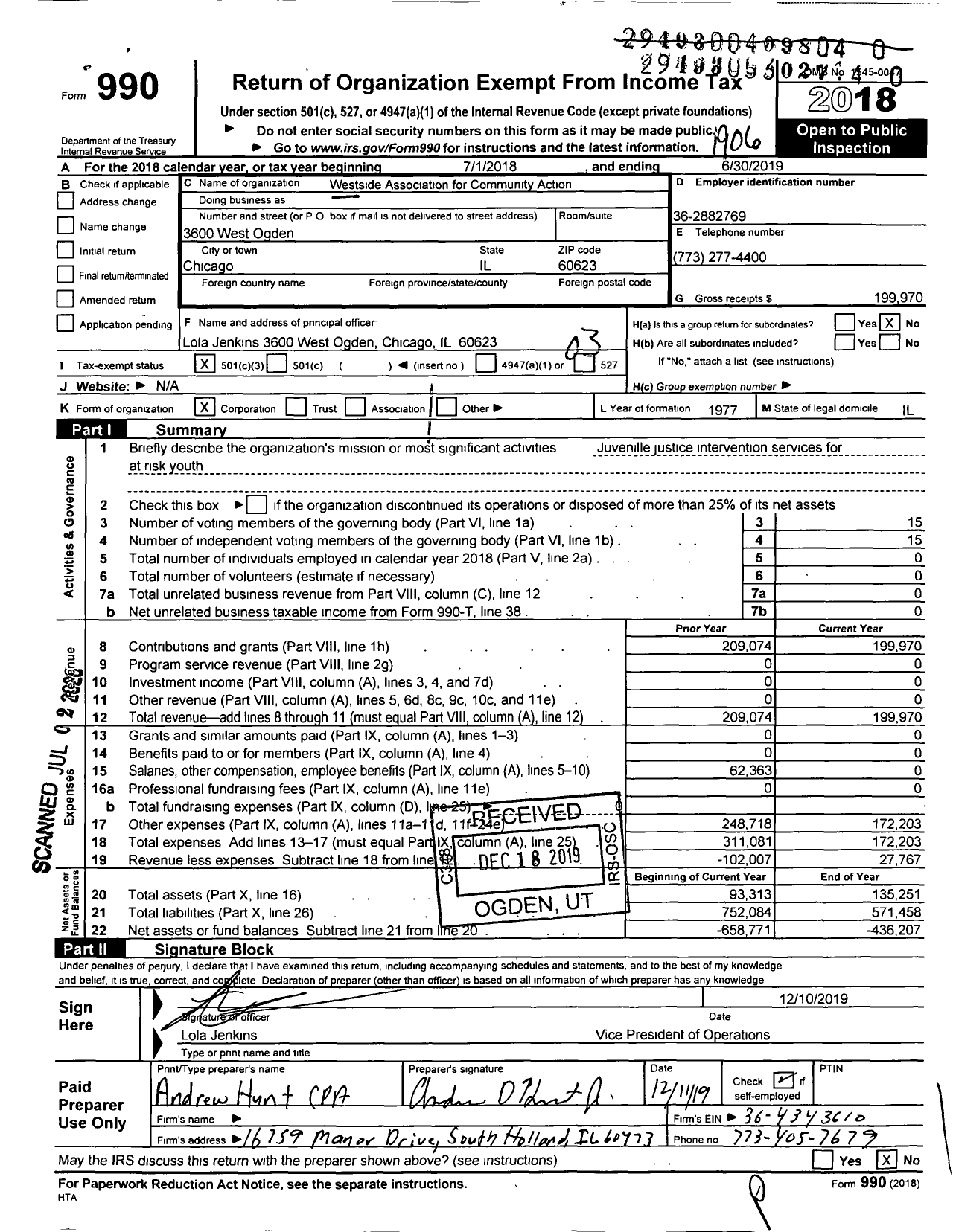 Image of first page of 2018 Form 990 for Westside Association for Community Action
