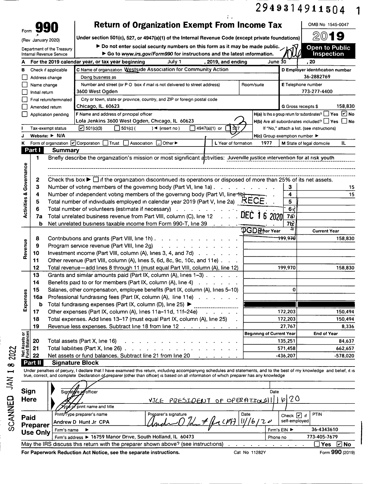 Image of first page of 2019 Form 990 for Westside Association for Community Action