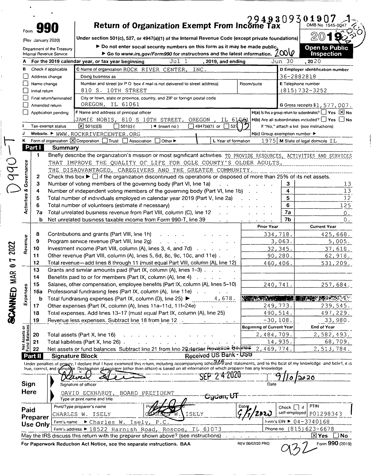 Image of first page of 2019 Form 990 for Rock River Center