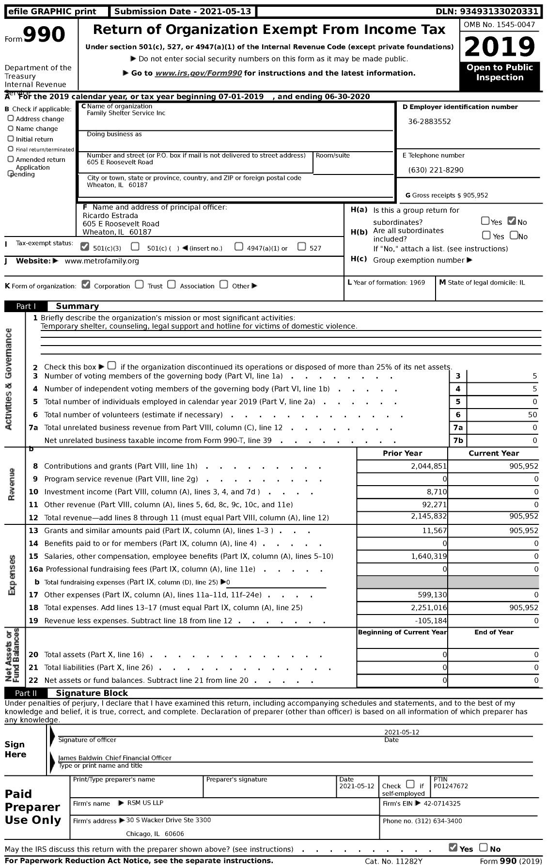 Image of first page of 2019 Form 990 for Family Shelter Service