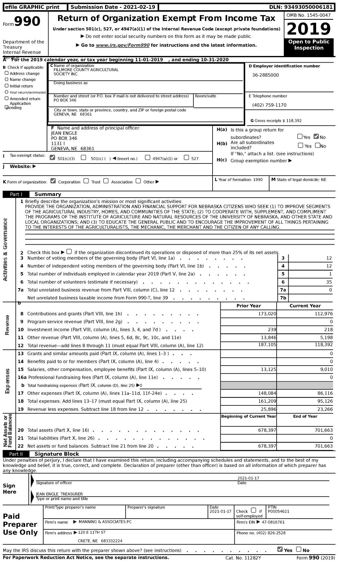 Image of first page of 2019 Form 990 for Fillmore County Agricultural Society