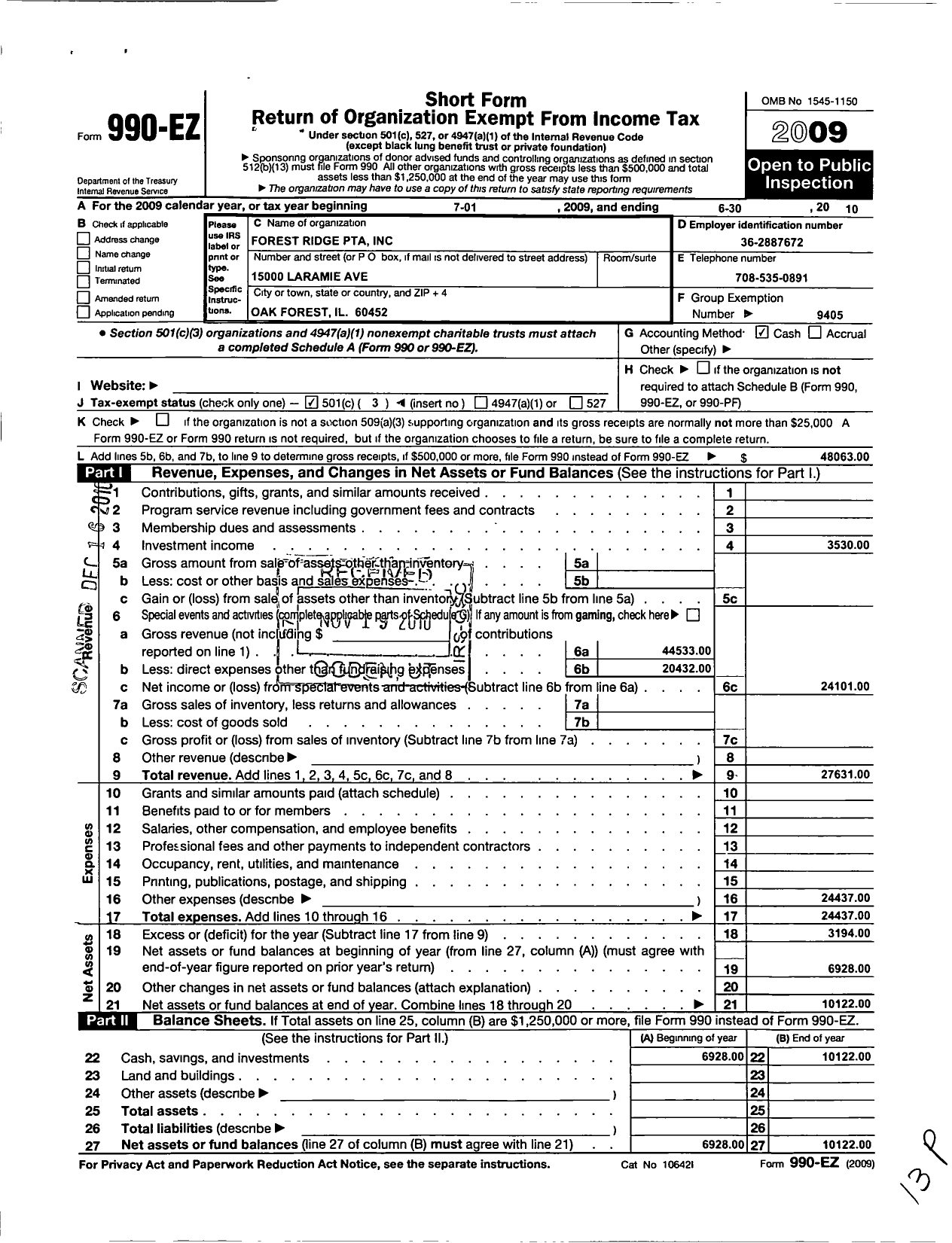 Image of first page of 2009 Form 990EZ for Illinois PTA - Forest Ridge PTA