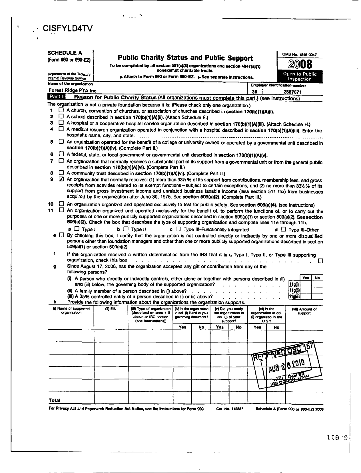 Image of first page of 2008 Form 990ER for Illinois PTA - Forest Ridge PTA