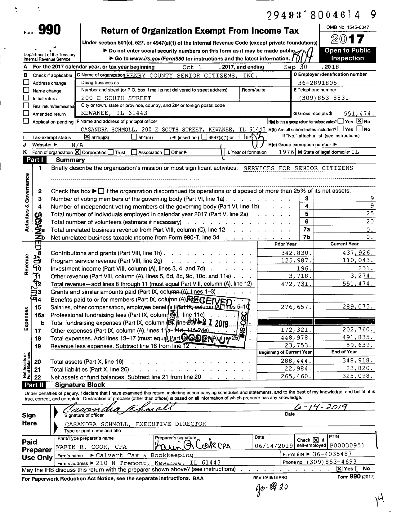 Image of first page of 2017 Form 990 for Henry County Senior Citizens