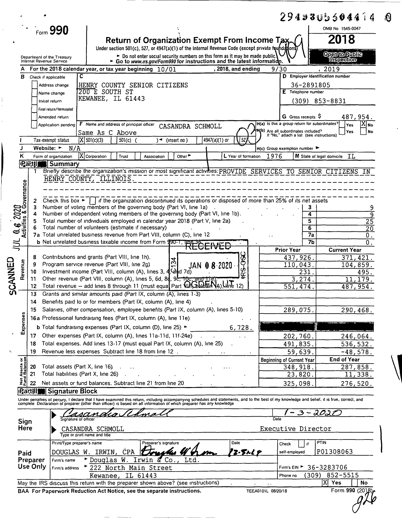 Image of first page of 2018 Form 990 for Henry County Senior Citizens