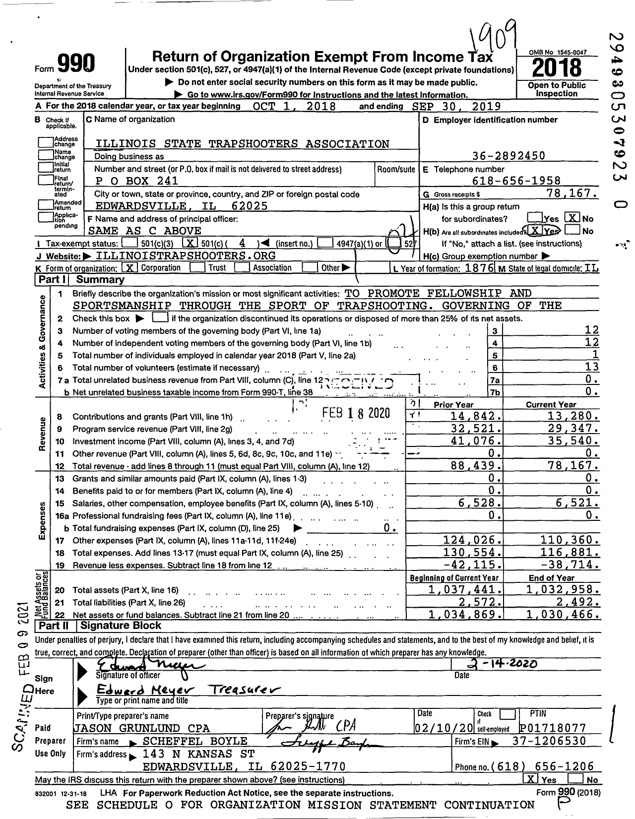 Image of first page of 2018 Form 990O for Illinois State Trapshooters Association