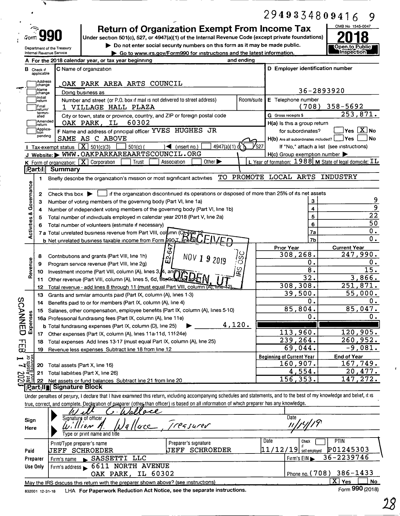 Image of first page of 2018 Form 990 for Oak Park Area Arts Council