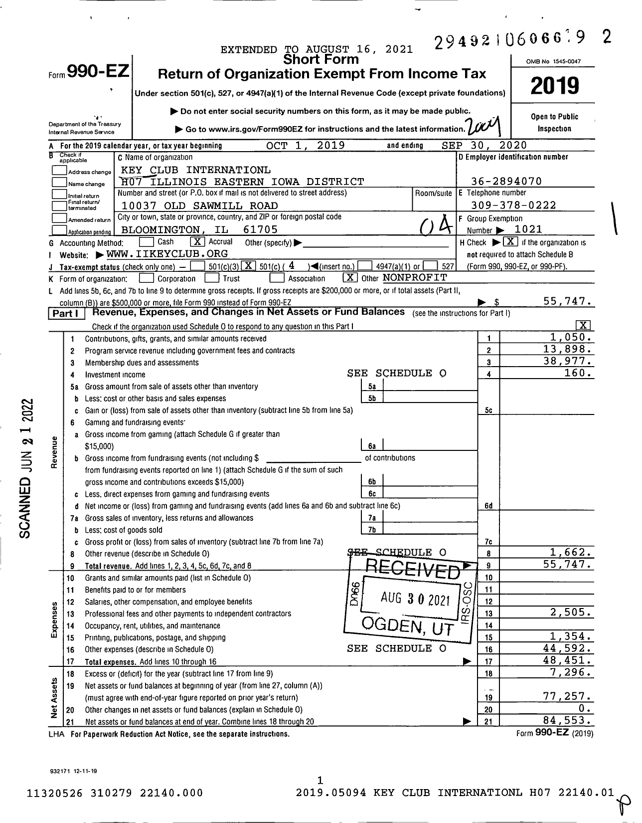 Image of first page of 2019 Form 990EO for Illinois-Eastern Iowa District of Key CL