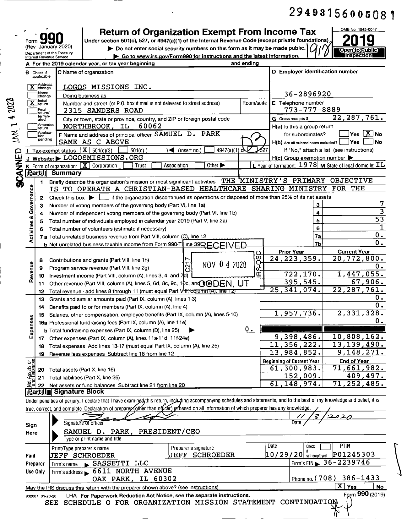 Image of first page of 2019 Form 990 for Logos Missions