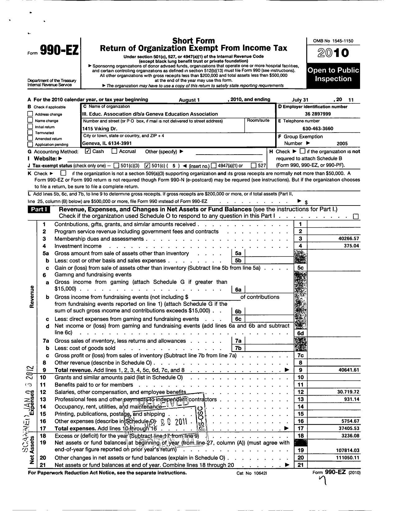 Image of first page of 2010 Form 990EO for Illinois Education Association - Illinois Education Association / Geneva Education Association