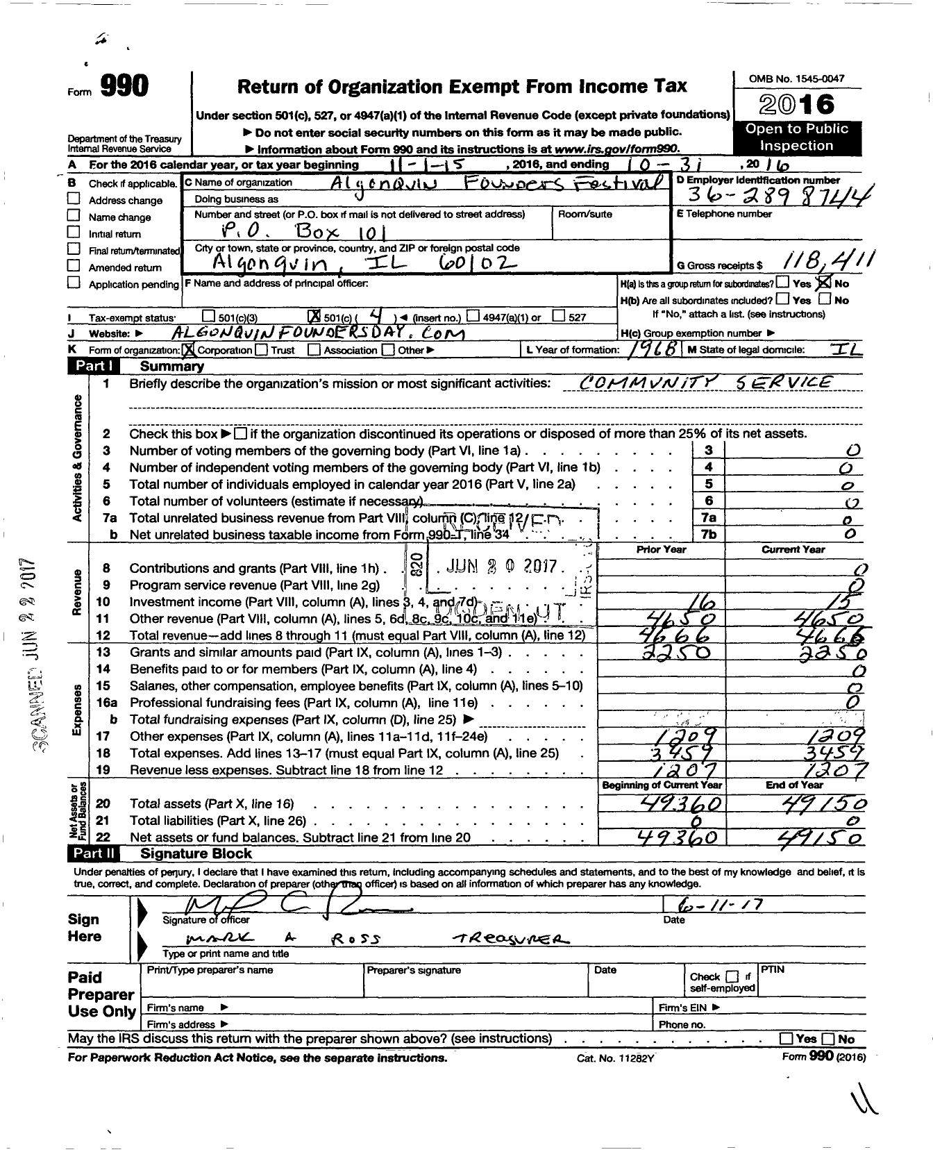 Image of first page of 2015 Form 990O for Algonquin Founders Days Festival