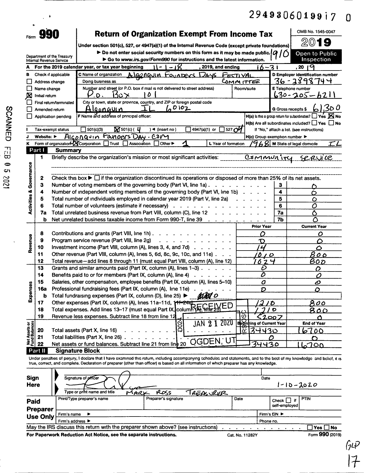 Image of first page of 2018 Form 990O for Algonquin Founders Days Festival